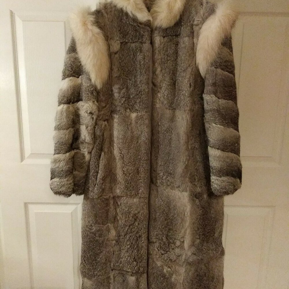 VNTG NIKI WOMEN'S GREY LONG DYED RABBIT FUR COAT w/FOX TAIL COLLAR